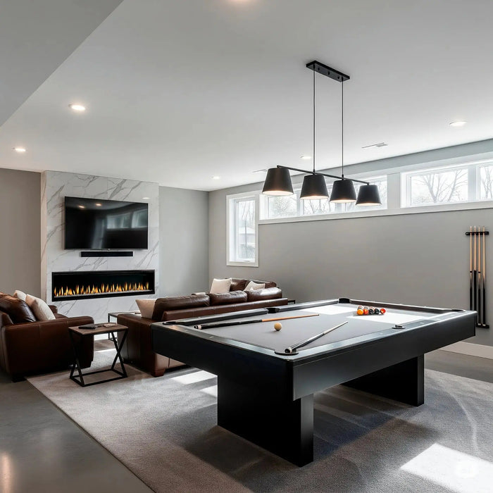 SimpliFire Allusion Edge 100" electric fireplace below a TV in a rec room with a pool table