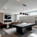 SimpliFire Allusion Edge 100" electric fireplace below a TV in a rec room with a pool table