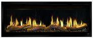 SimpliFire Allusion Edge 50" linear electric fireplace, front view with log set and yellow flame