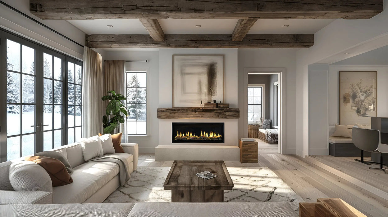 SimpliFire Allusion Edge 50" electric fireplace in a living room with exposed beams