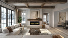 SimpliFire Allusion Edge 50" electric fireplace in a living room with exposed beams