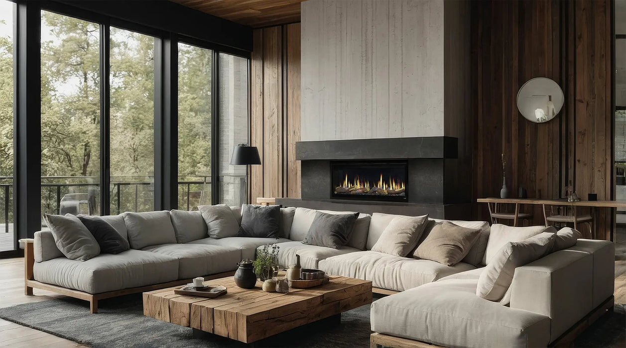 SimpliFire Allusion Edge 50" electric fireplace in a wood and concrete feature wall above a sectional
