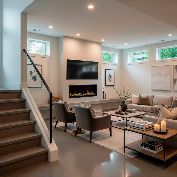 SimpliFire Allusion Edge 50" electric fireplace below a TV in a finished basement