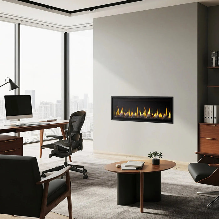 SimpliFire Allusion Edge 50" electric fireplace with decorative spheres in a home office