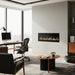 SimpliFire Allusion Edge 50" electric fireplace with decorative spheres in a home office