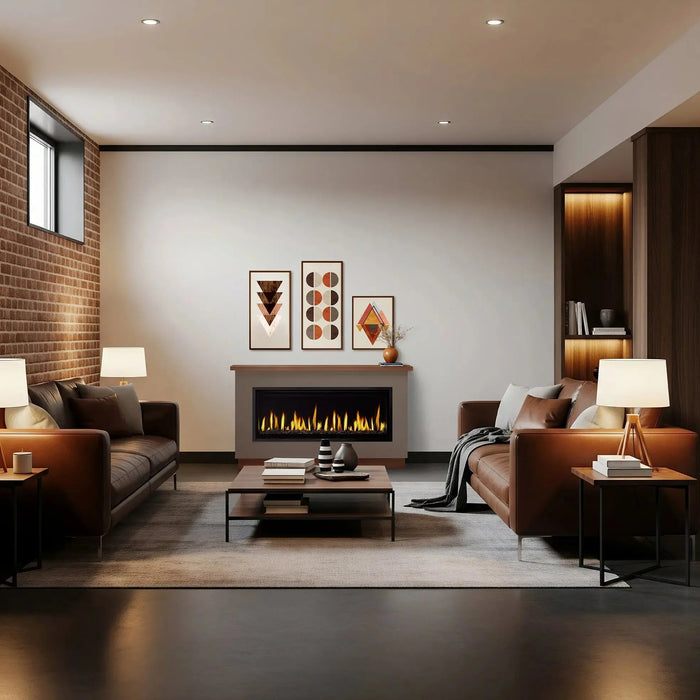 SimpliFire Allusion Edge 50" electric fireplace in a Boyd build-out kit in a basement lounge