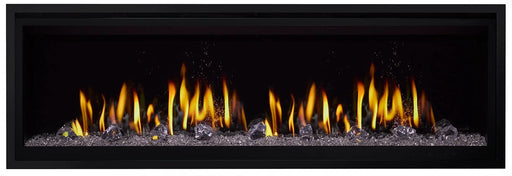 SimpliFire Allusion Edge 60" linear electric fireplace, front view with crystal media and yellow flame