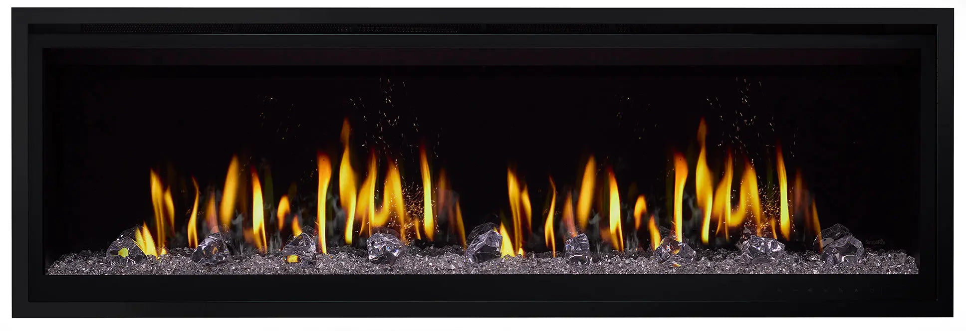 SimpliFire Allusion Edge 60" linear electric fireplace, front view with crystal media and yellow flame
