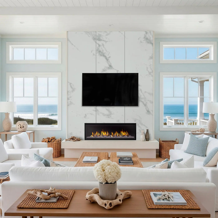 SimpliFire Allusion Edge 60" electric fireplace below a TV in a marble wall in a coastal living room