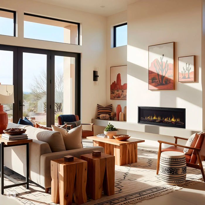 SimpliFire Allusion Edge 60" electric fireplace in a southwest-style living room