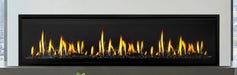 SimpliFire Allusion Edge 78" linear electric fireplace, close-up with black glass media and yellow flame
