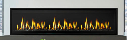 SimpliFire Allusion Edge 78" linear electric fireplace, close-up with black glass media and yellow flame
