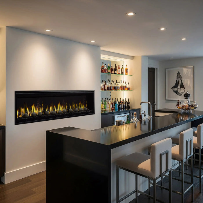 SimpliFire Allusion Edge 78" electric fireplace with decorative spheres beside a home bar