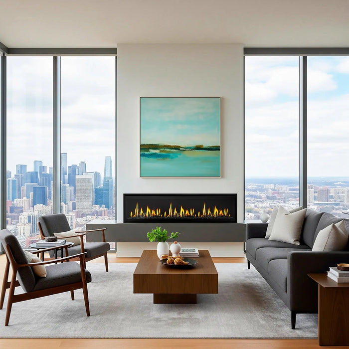 SimpliFire Allusion Edge 78" electric fireplace in a high-rise living room with city views
