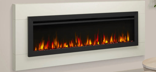 SimpliFire Allusion Slim electric fireplace, close-up with orange flame in a white surround
