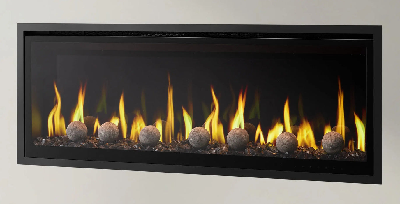 SimpliFire decorative spheres installed in an Allusion Edge electric fireplace, close-up with flame