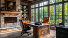SimpliFire Scion 43" linear electric fireplace in a stacked-stone wall in a home office