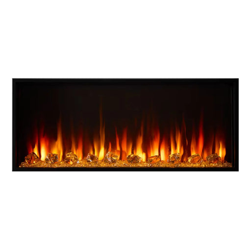SimpliFire Scion linear electric fireplace, front view with flame