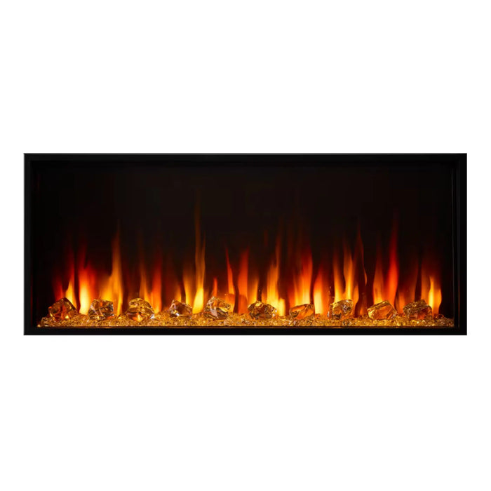SimpliFire Scion linear electric fireplace, front view with flame