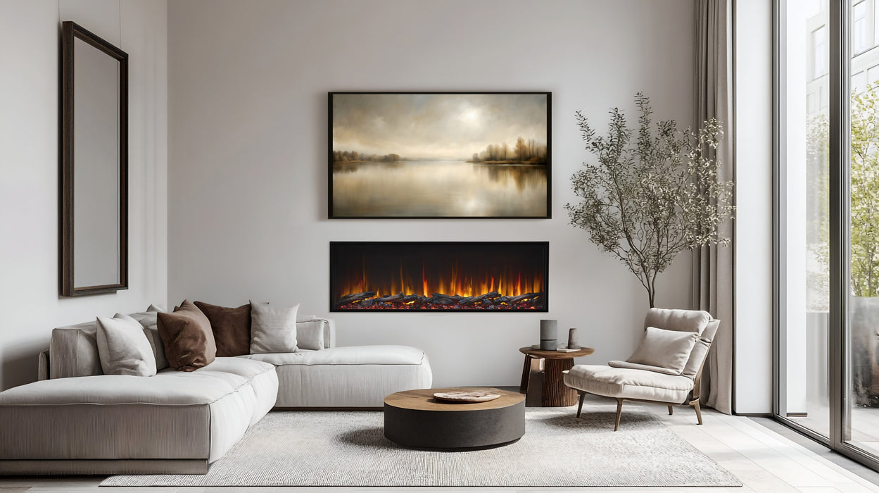 SimpliFire Scion 55" linear electric fireplace below wall art in a bright living room