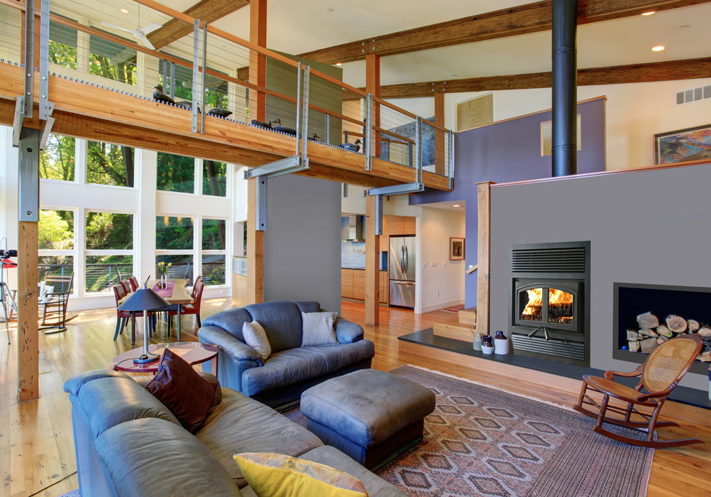Empire St. Clair 3000 wood burning fireplace with black inlay and traditional faceplate in a blue living room