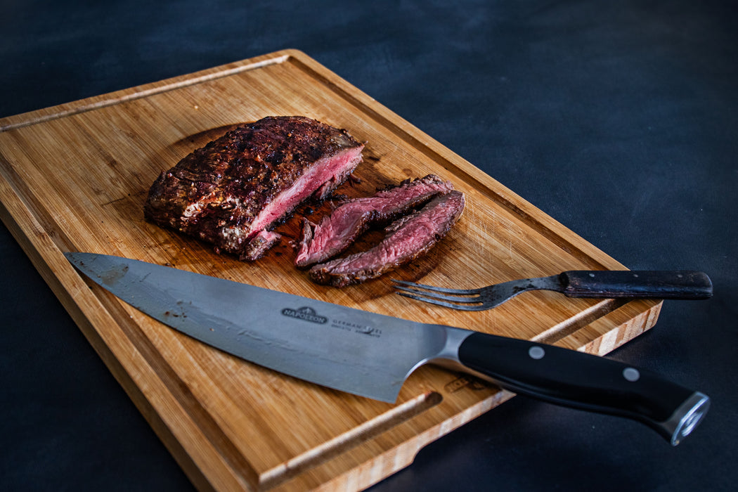 70012 PRO Cutting Board with Stainless Steel Bowls – in use, with steak