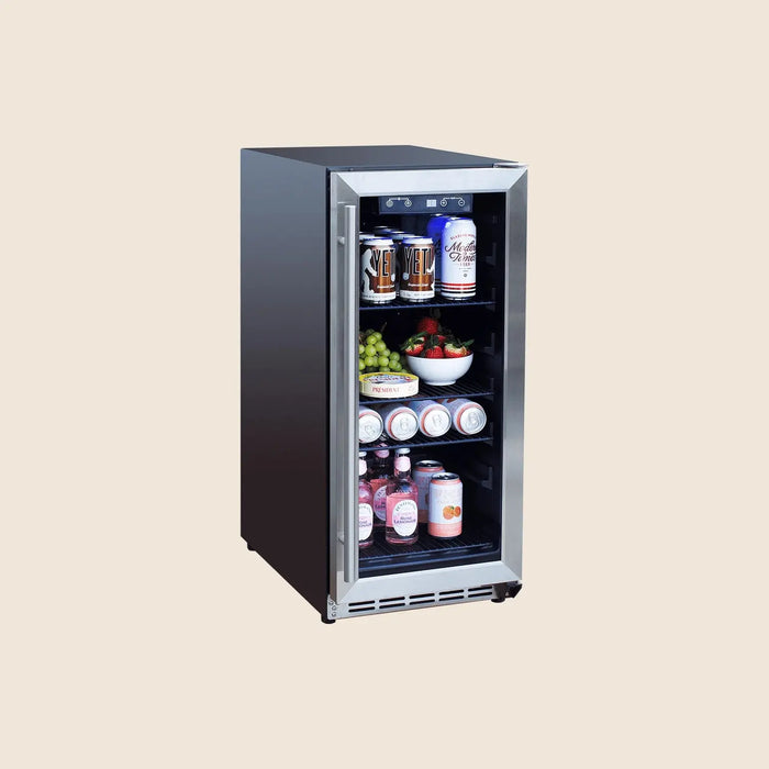 Summerset 15-inch outdoor refrigerator, glass door closed and stocked, angled view