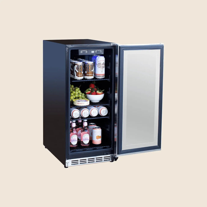 Summerset 15-inch outdoor refrigerator, glass door open and stocked, angled view