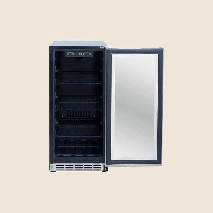 Summerset 15-inch outdoor refrigerator, glass door open, front view