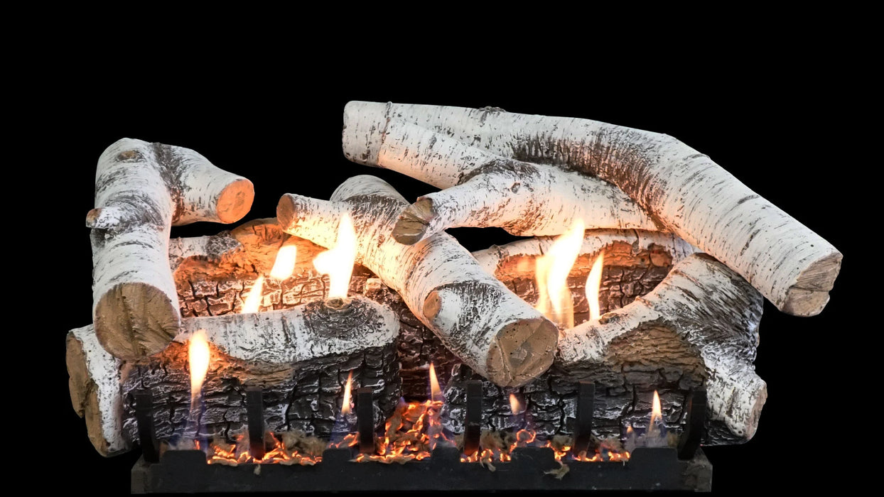 Empire Super Birch Log Set, logs burning on a black background