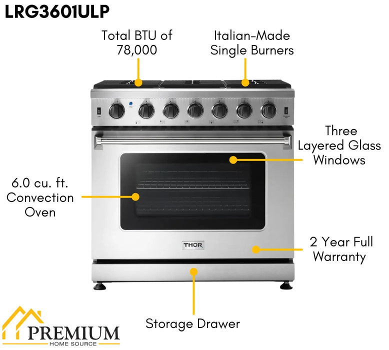 Thor Kitchen 36" Propane Gas Range in Stainless Steel, LRG3601ULP Thor Kitchen