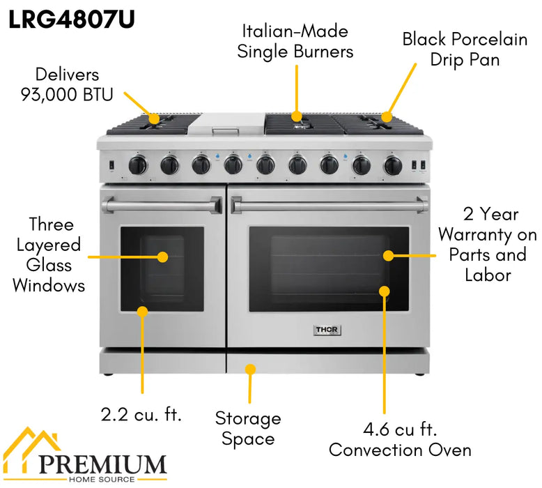 Thor Kitchen 48" Dual Oven Natural Gas Range in Stainless Steel, LRG4807U Thor Kitchen