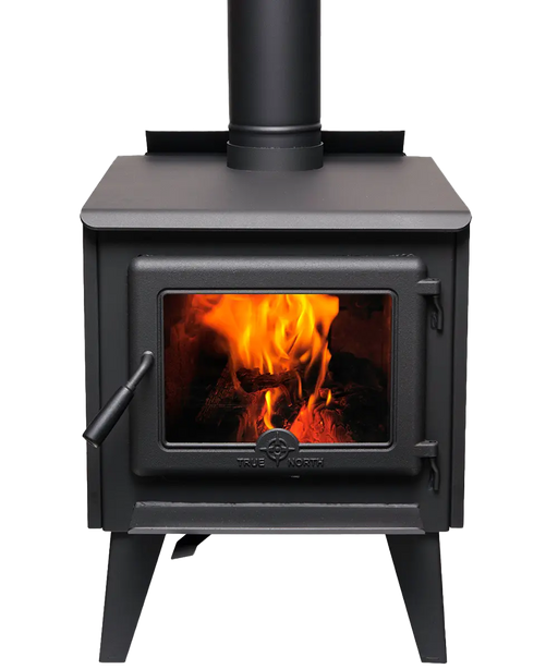 True North TN20 Series B wood stove with legs, 31010009, in metallic black with a fire burning, on a white background