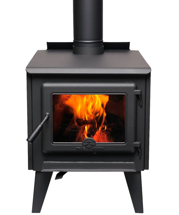 True North TN20 Series B wood stove with legs, 31010009, in metallic black with a fire burning, on a white background
