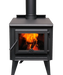 True North TN20 Series B wood stove with legs, 31010009, in metallic black with a fire burning, on a white background