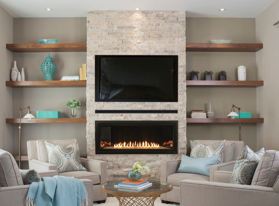 Empire Boulevard vent-free linear fireplace with a TV mounted above, using vent-free heat management (HMFATV)