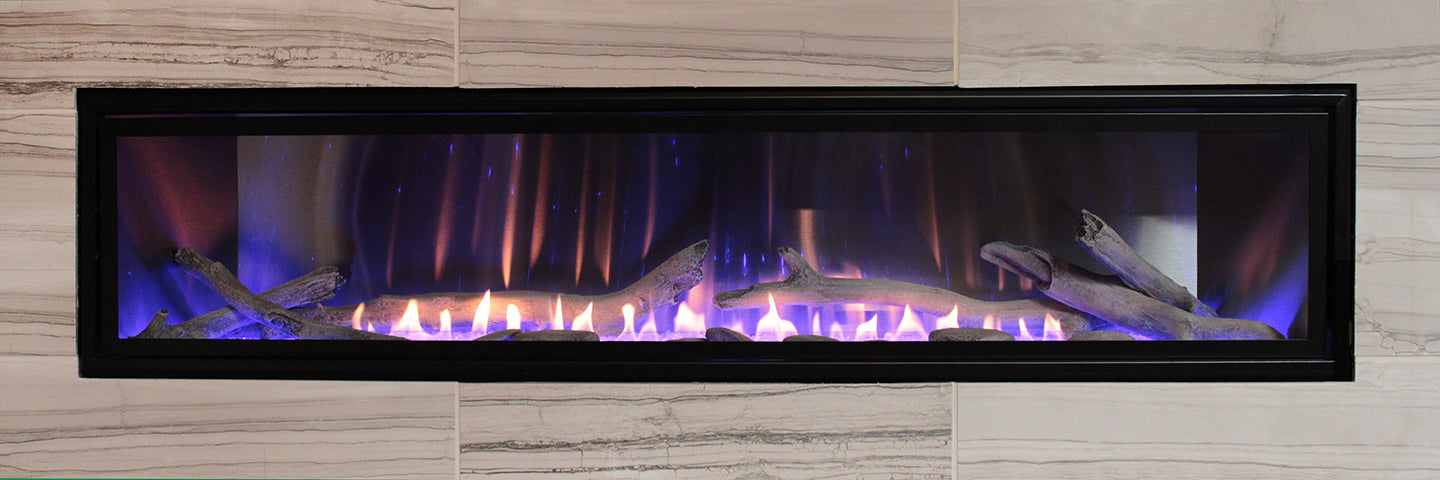 Empire Boulevard 60 vent-free linear with stainless steel liner and driftwood log set, close view