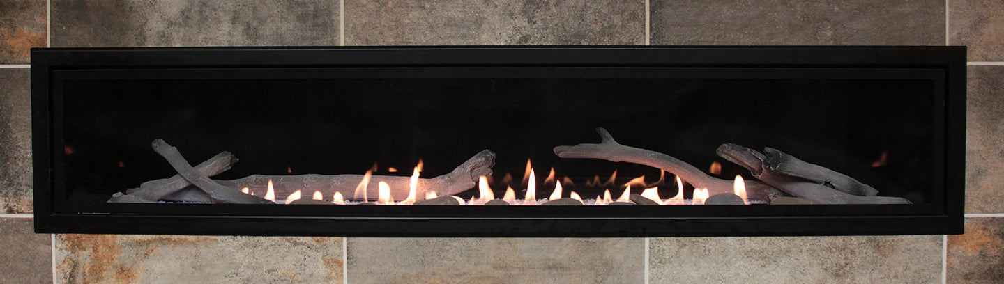 Empire Boulevard 72 vent-free linear with black reflective liner, trim kit and driftwood log set