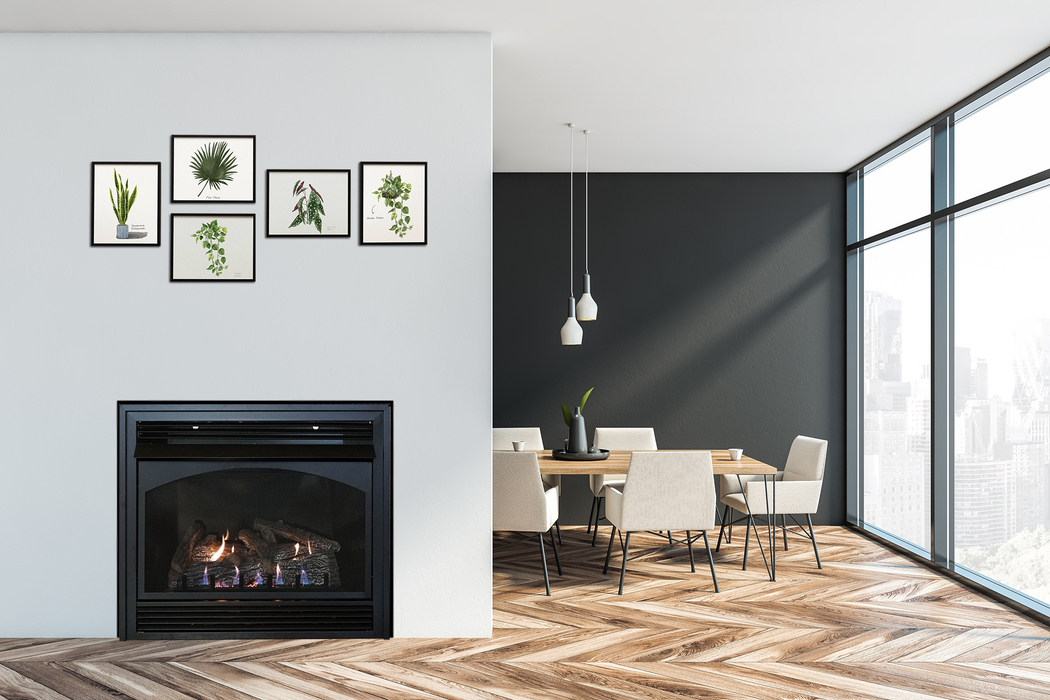 Empire Vail 36 vent-free fireplace with Ravenwood logs and black porcelain liner on a grey wall