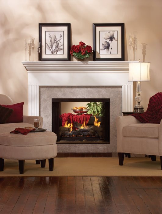 Empire 36 see-through vent-free firebox installed in a living room wall