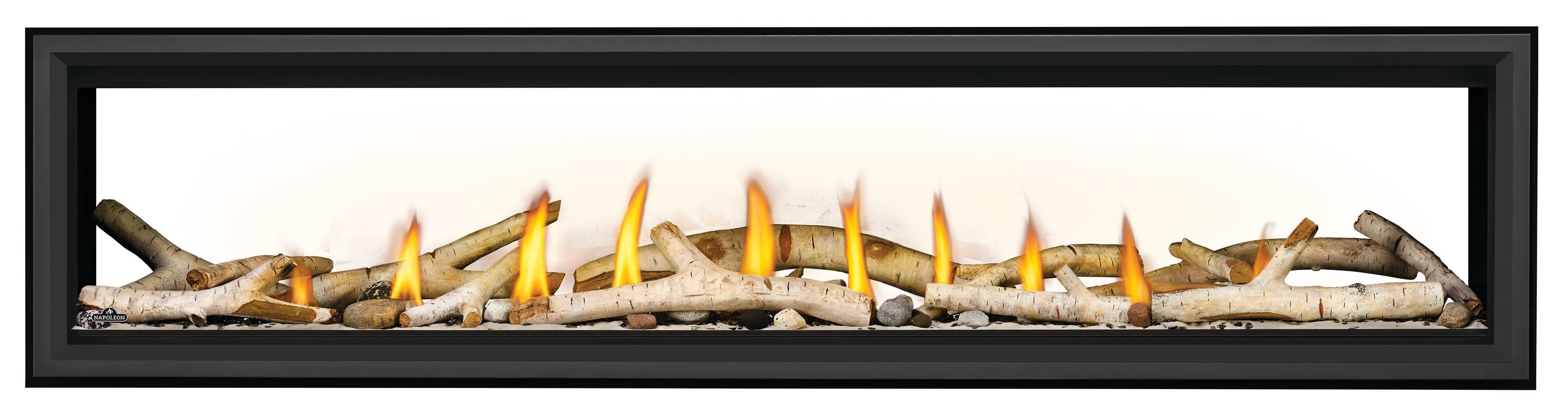 Vector 74" See-Through Direct Vent Gas Fireplace – with safety barrier, birch logs, front view, view 2