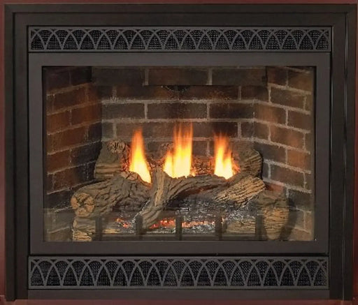 Empire Tahoe Deluxe 36" Direct Vent Gas Fireplace, front view with brick liner and logs