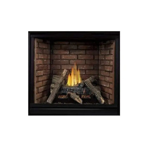 Empire Tahoe Clean Face Premium 36" Direct Vent Gas Fireplace - Millivolt, front view with brick liner and logs