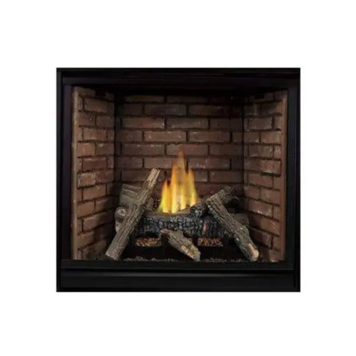Empire Tahoe Clean Face Premium 36" Direct Vent Gas Fireplace - IP Control, front view with brick liner and logs, close