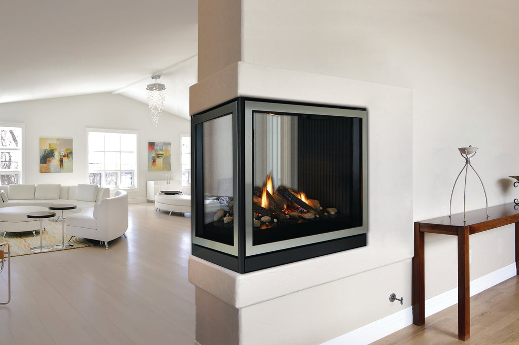 Empire Tahoe Clean Face Peninsula 36" Direct Vent Gas Fireplace, installed between rooms in a white wall