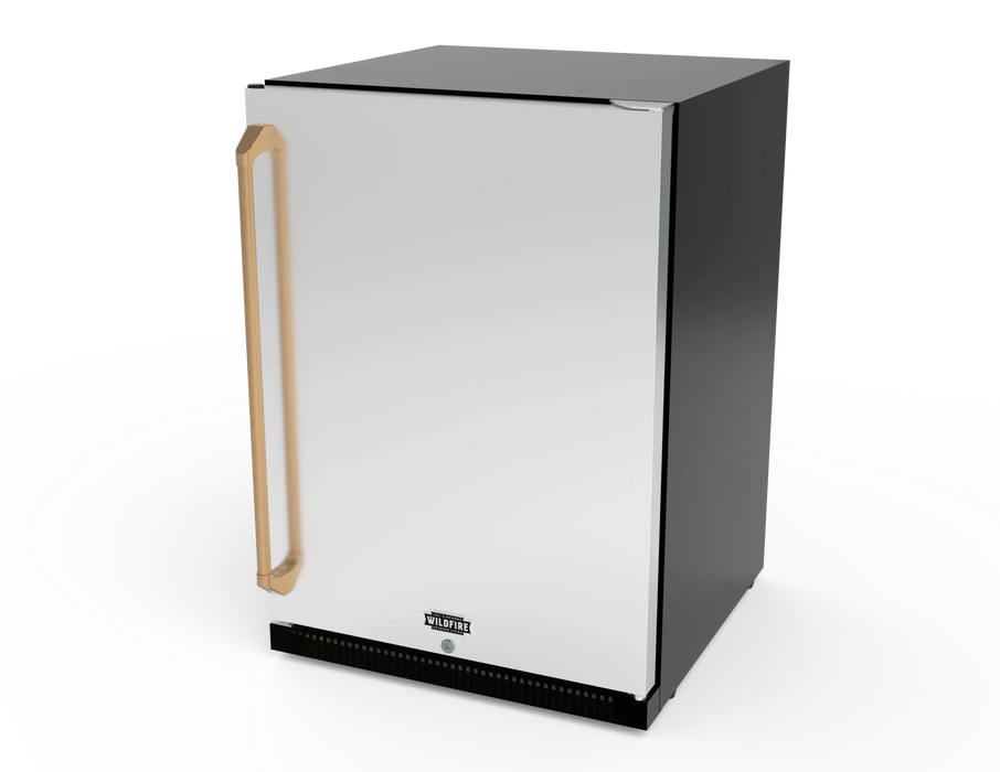Wildfire 24" outdoor refrigerator WFR24 in stainless steel with a brushed bronze Designer Finish handle (RH-BB), angled view
