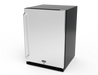 Wildfire 24" outdoor refrigerator WFR24 in stainless steel with a brushed stainless Designer Finish handle (RH-BS), angled view