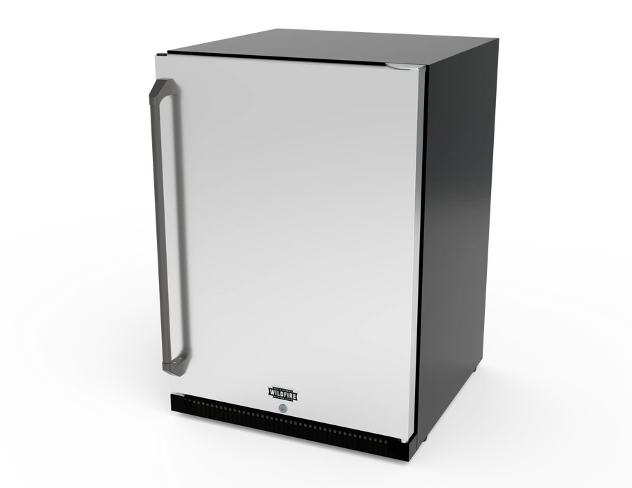 Wildfire 24" outdoor refrigerator WFR24 in stainless steel with a chrome black Designer Finish handle (RH-CB), angled view
