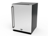 Wildfire 24" outdoor refrigerator WFR24 in stainless steel with a chrome black Designer Finish handle (RH-CB), angled view