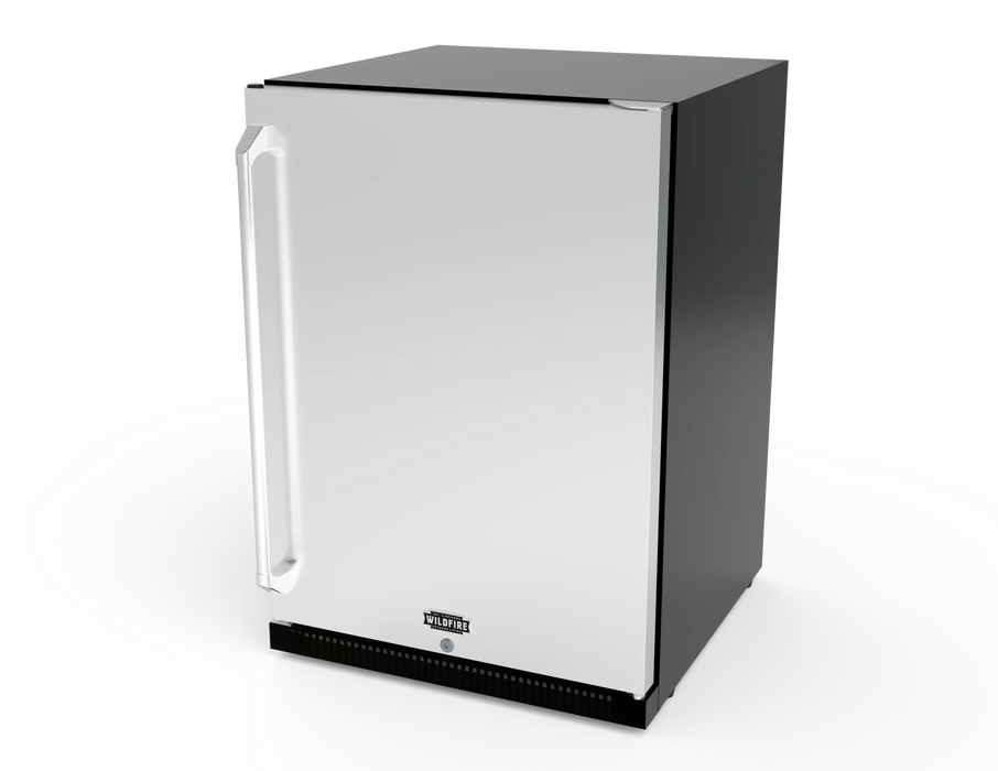 Wildfire 24" outdoor refrigerator WFR24 in stainless steel with the standard handle, angled view